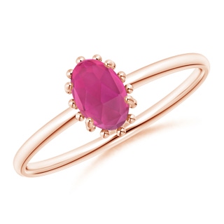 6x4mm AAA Classic Oval Pink Tourmaline Ring with Beaded Halo in Rose Gold