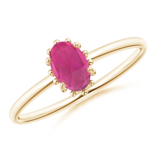 6x4mm AAA Classic Oval Pink Tourmaline Ring with Beaded Halo in Yellow Gold