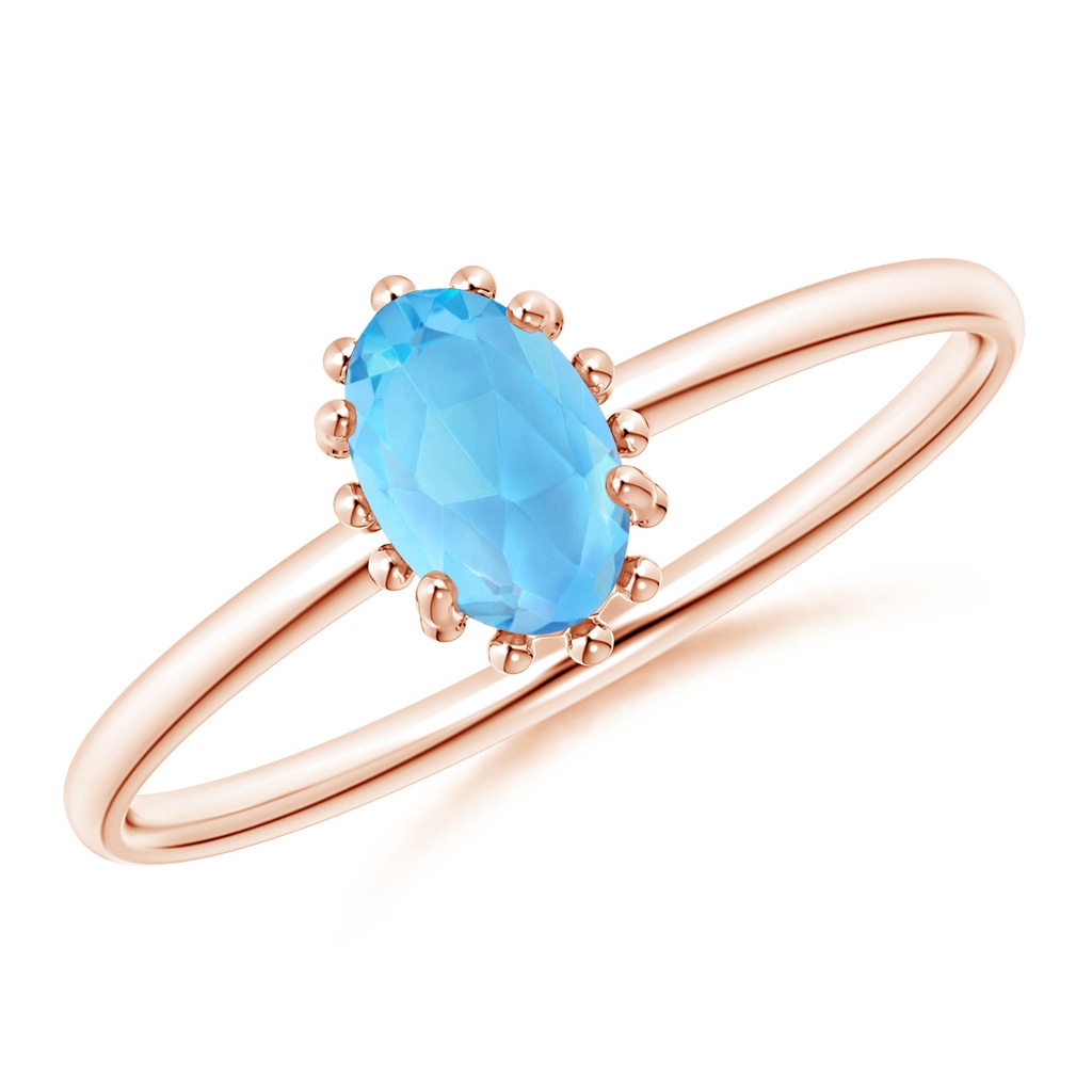 6x4mm AAA Classic Oval Swiss Blue Topaz Ring with Beaded Halo in Rose Gold