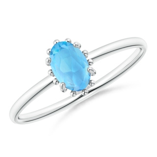 6x4mm AAA Classic Oval Swiss Blue Topaz Ring with Beaded Halo in White Gold