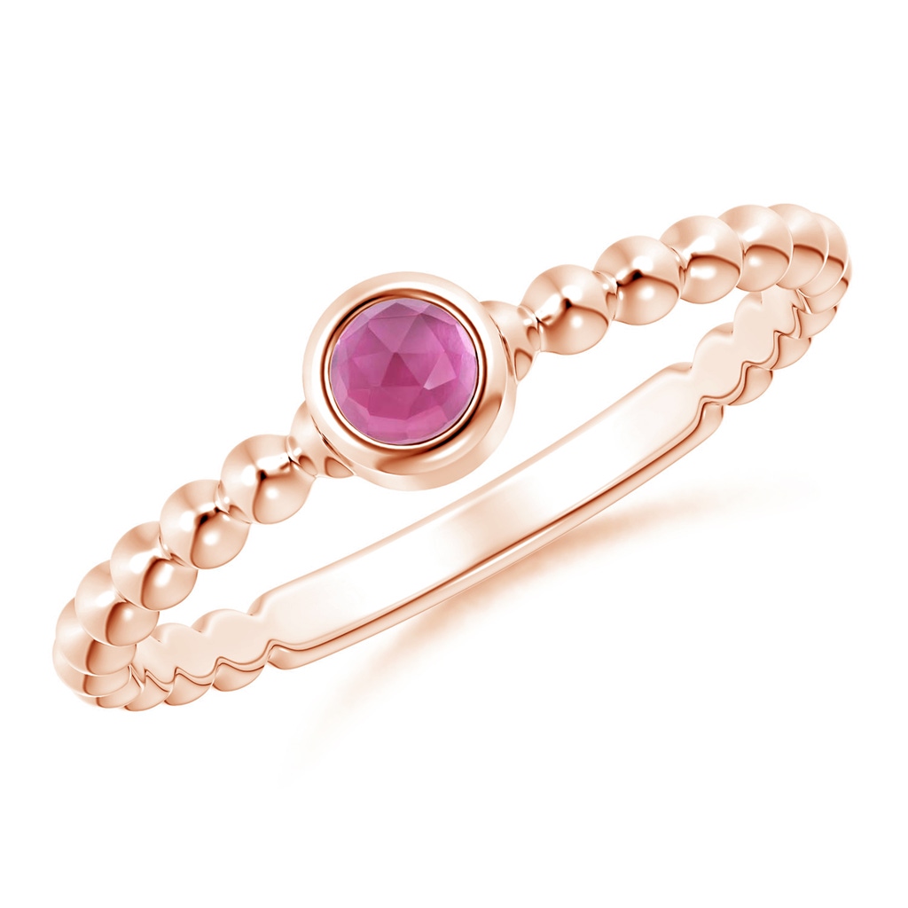 3mm AAA Bezel Set Pink Tourmaline Stackable Ring with Beaded Shank in 10K Rose Gold