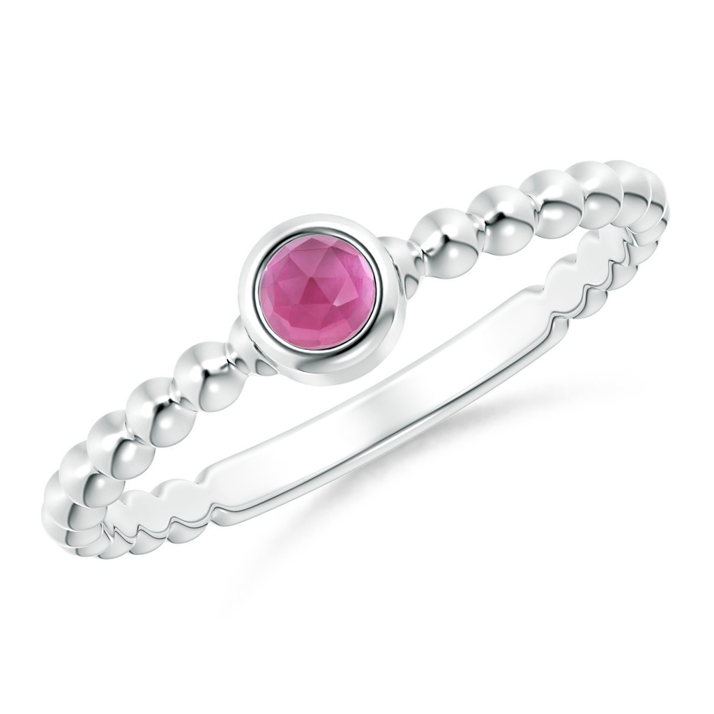 3mm AAA Bezel Set Pink Tourmaline Stackable Ring with Beaded Shank in White Gold