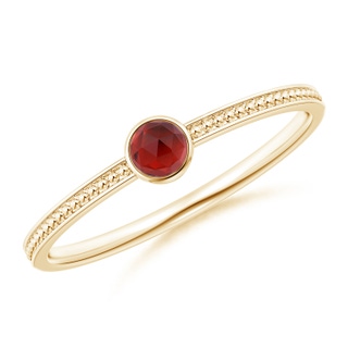 3mm AAA Bezel Set Garnet Ring with Beaded Groove Shank in Yellow Gold