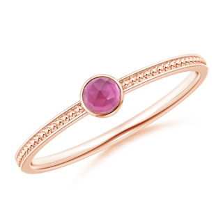 3mm AAA Bezel Set Pink Tourmaline Ring with Beaded Groove Shank in Rose Gold