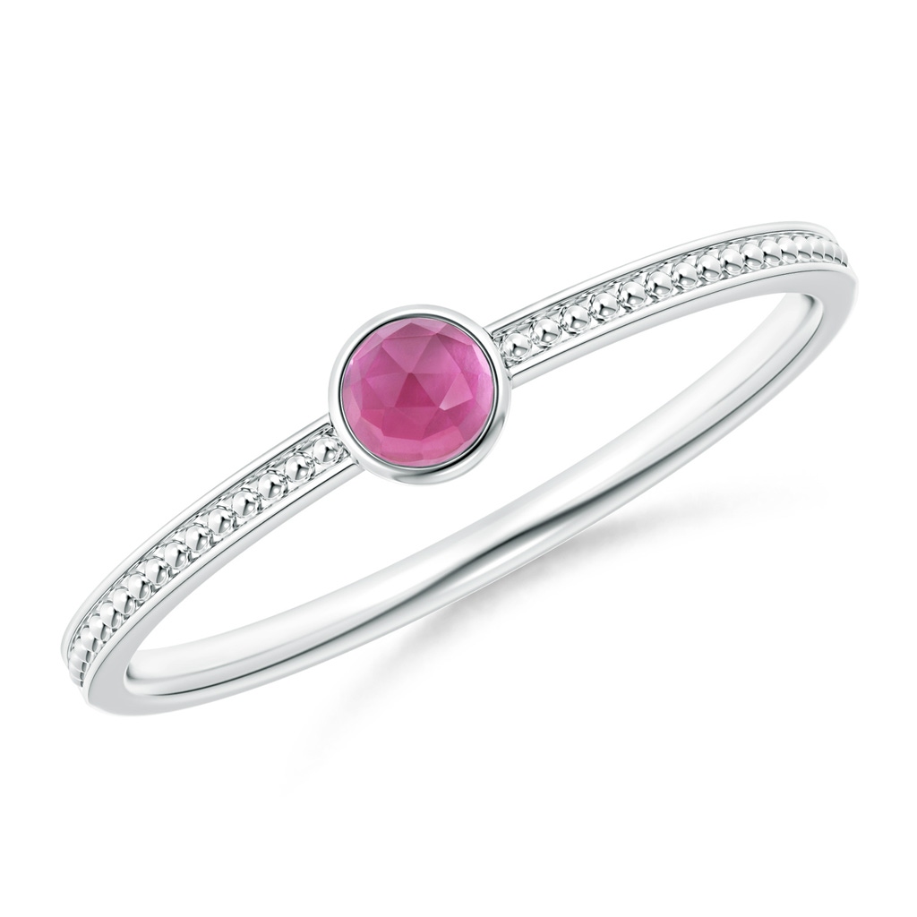 3mm AAA Bezel Set Pink Tourmaline Ring with Beaded Groove Shank in White Gold