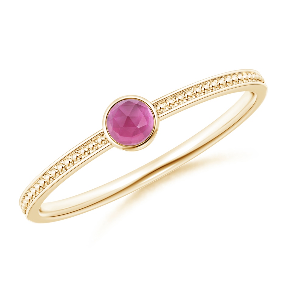 3mm AAA Bezel Set Pink Tourmaline Ring with Beaded Groove Shank in Yellow Gold 