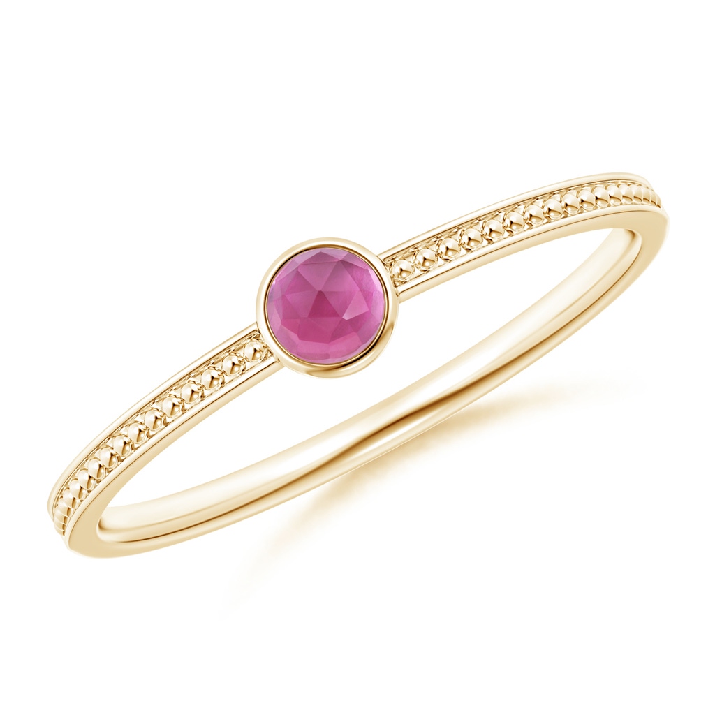 3mm AAA Bezel Set Pink Tourmaline Ring with Beaded Groove Shank in Yellow Gold