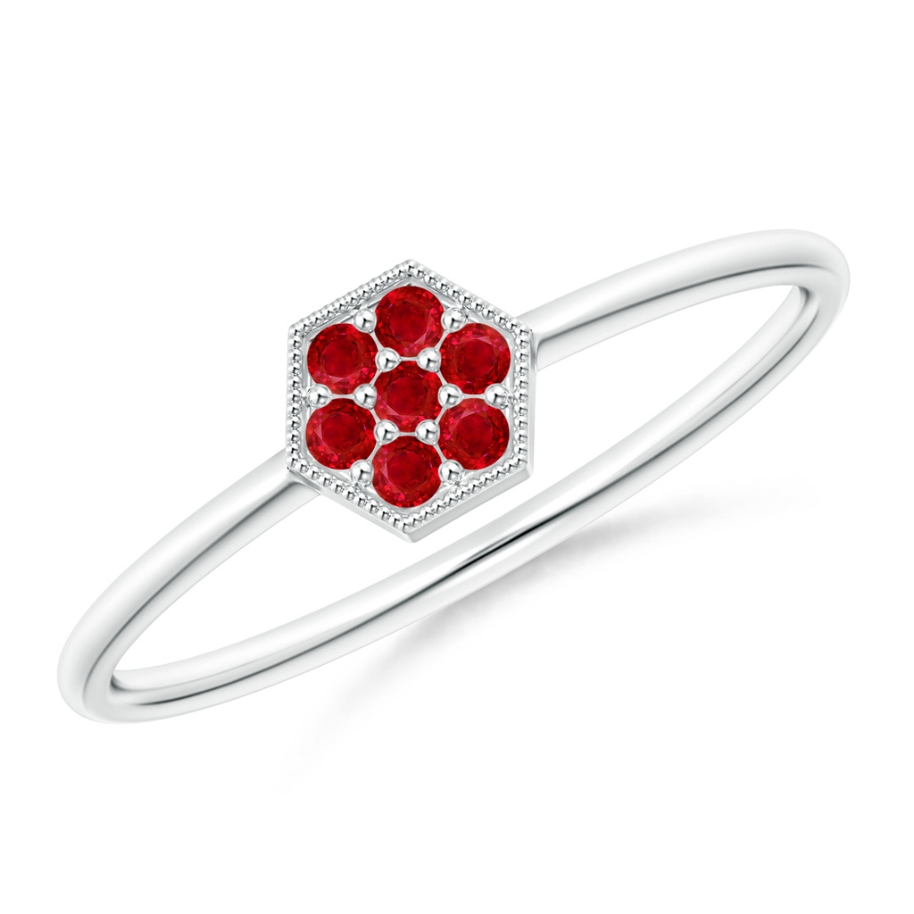 1.5mm AAA Hexagon-Shaped Ruby Cluster Ring with Milgrain in S999 Silver