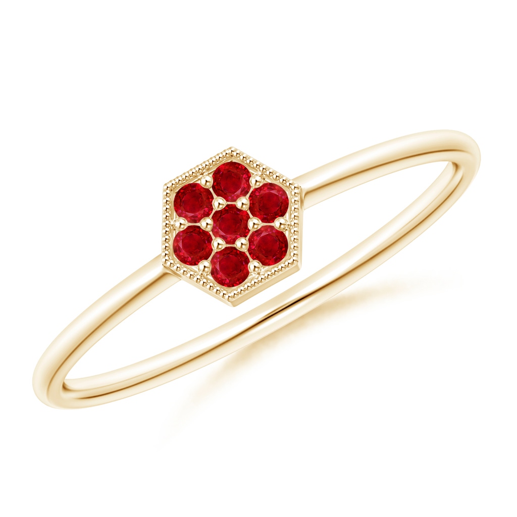 1.5mm AAA Hexagon-Shaped Ruby Clustre Ring with Milgrain in Yellow Gold