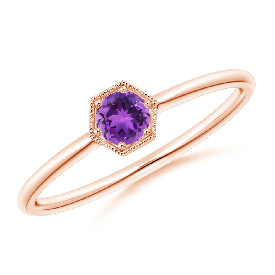 3.8mm AAA Pavé Set Amethyst Hexagon Solitaire Ring with Milgrain in Rose Gold 