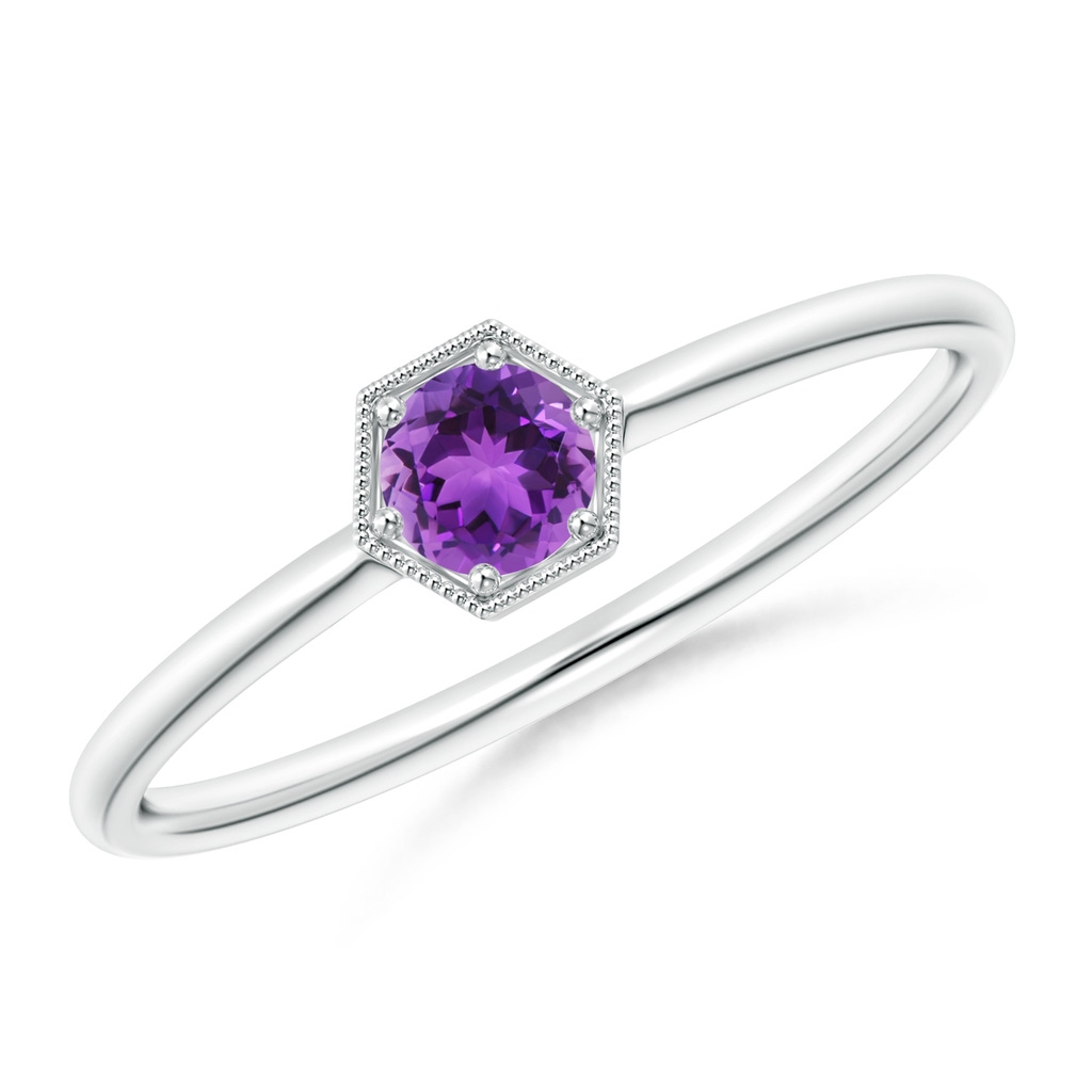 3.8mm AAA Pavé Set Amethyst Hexagon Solitaire Ring with Milgrain in S999 Silver