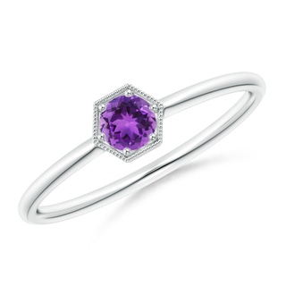 3.8mm AAA Pavé Set Amethyst Hexagon Solitaire Ring with Milgrain in White Gold