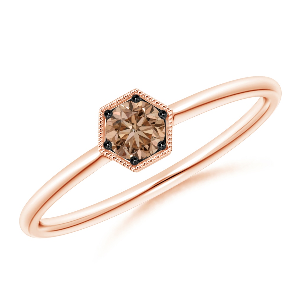 3.8mm AAA Pavé Set Coffee Diamond Hexagon Solitaire Ring with Milgrain in Rose Gold