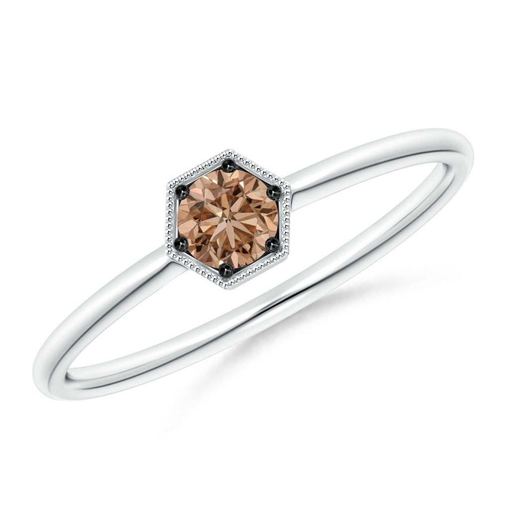 3.8mm AAA Pavé Set Coffee Diamond Hexagon Solitaire Ring with Milgrain in White Gold