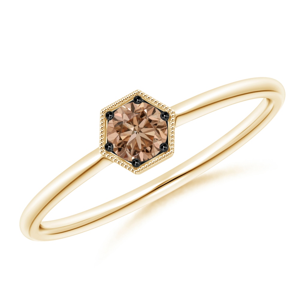 3.8mm AAA Pavé Set Coffee Diamond Hexagon Solitaire Ring with Milgrain in Yellow Gold