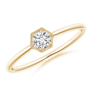 3.8mm HSI2 Pave Set Diamond Hexagon Solitaire Ring with Milgrain in Yellow Gold