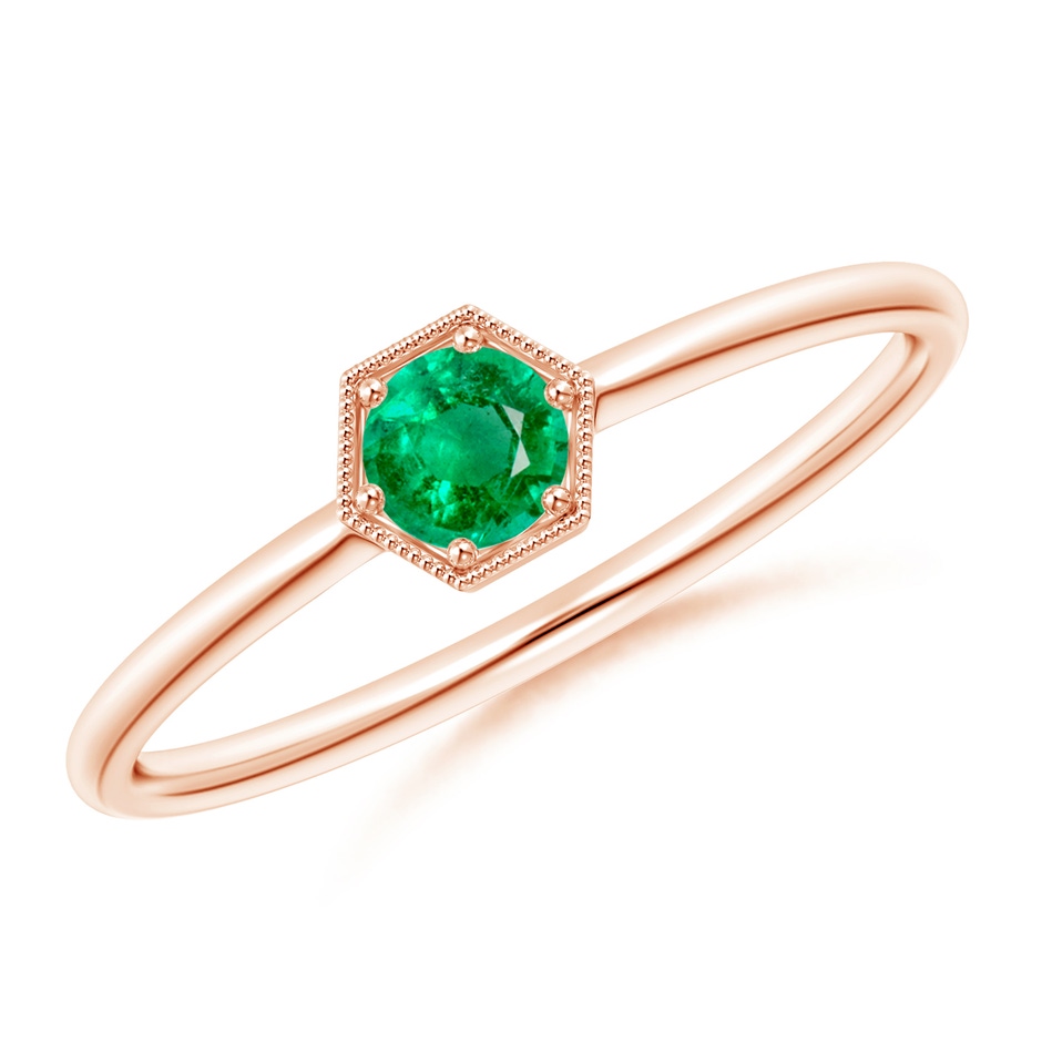 3.8mm AAA Pavé Set Emerald Hexagon Solitaire Ring with Milgrain in Rose Gold 