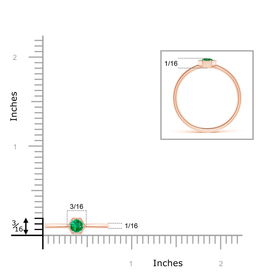 3.8mm AAA Pavé Set Emerald Hexagon Solitaire Ring with Milgrain in Rose Gold ruler