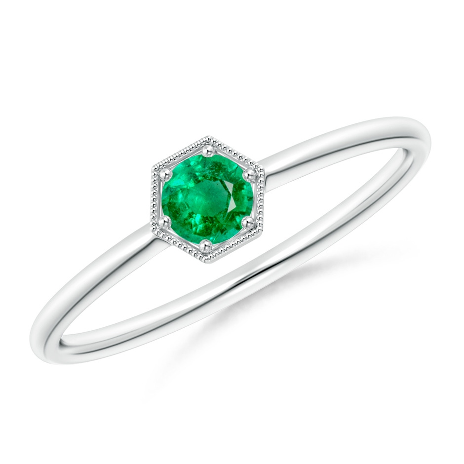 3.8mm AAA Pavé Set Emerald Hexagon Solitaire Ring with Milgrain in White Gold 