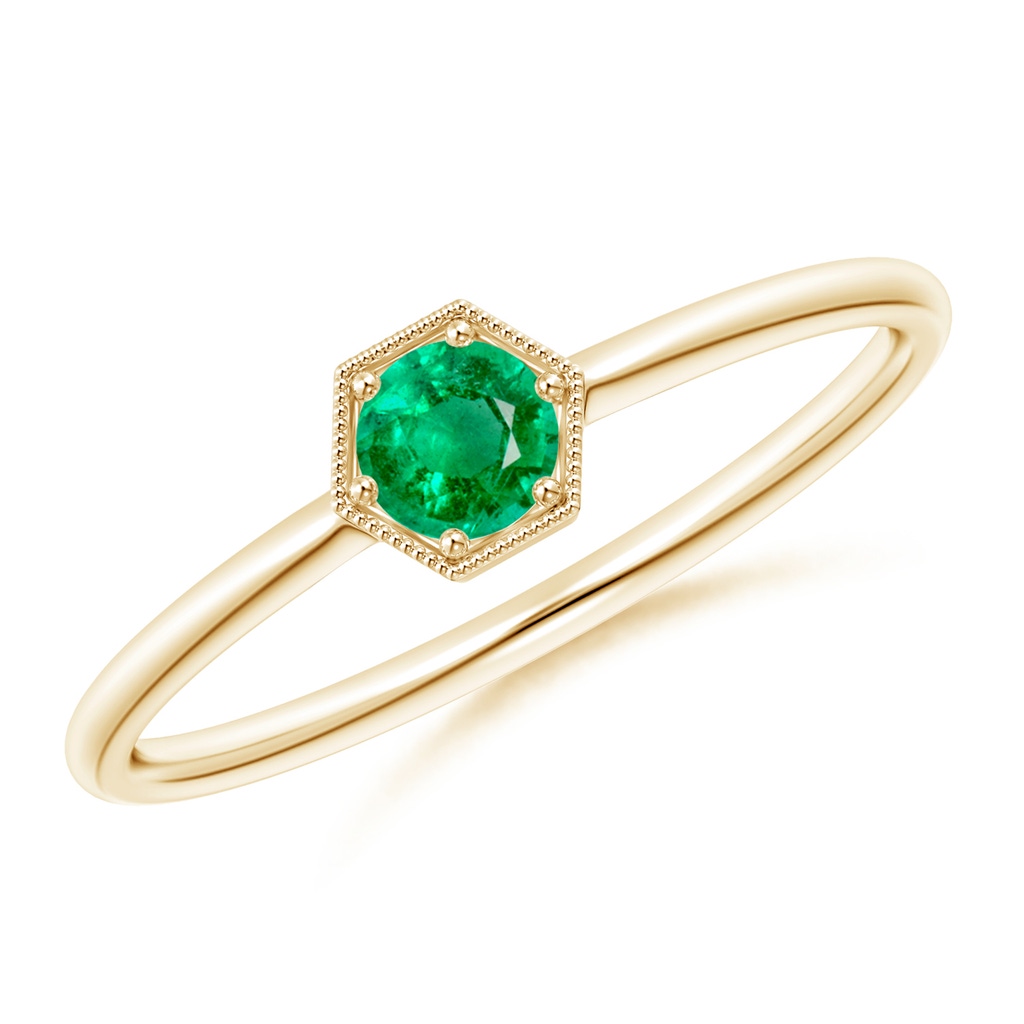 3.8mm AAA Pavé Set Emerald Hexagon Solitaire Ring with Milgrain in Yellow Gold