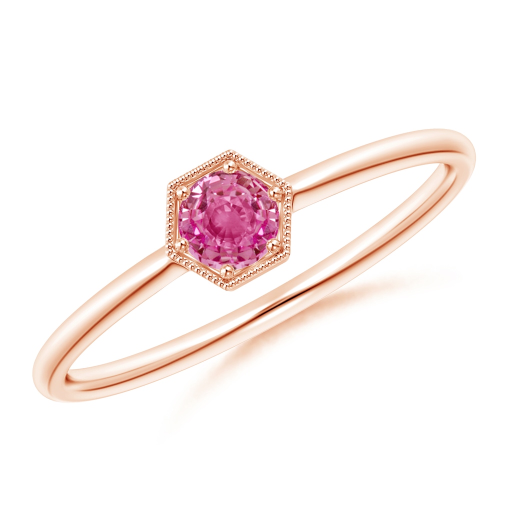 3.8mm AAA Pavé Set Pink Sapphire Hexagon Solitaire Ring with Milgrain in Rose Gold