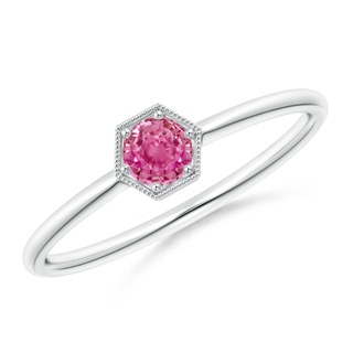 3.8mm AAA Pavé Set Pink Sapphire Hexagon Solitaire Ring with Milgrain in White Gold