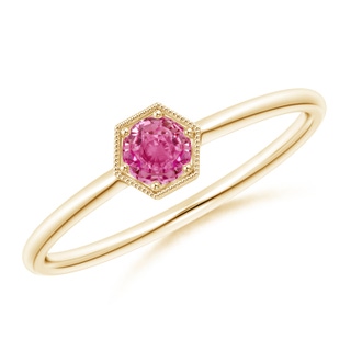 3.8mm AAA Pavé Set Pink Sapphire Hexagon Solitaire Ring with Milgrain in Yellow Gold
