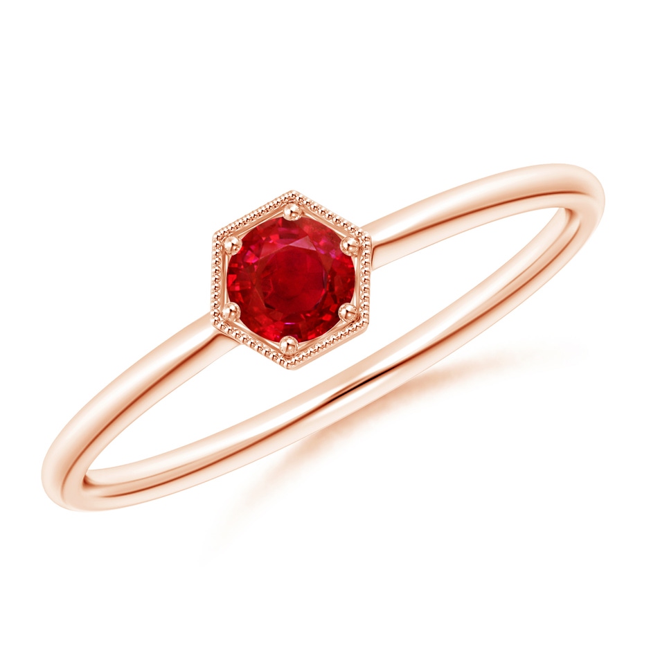 3.8mm AAA Pavé Set Ruby Hexagon Solitaire Ring with Milgrain in Rose Gold 