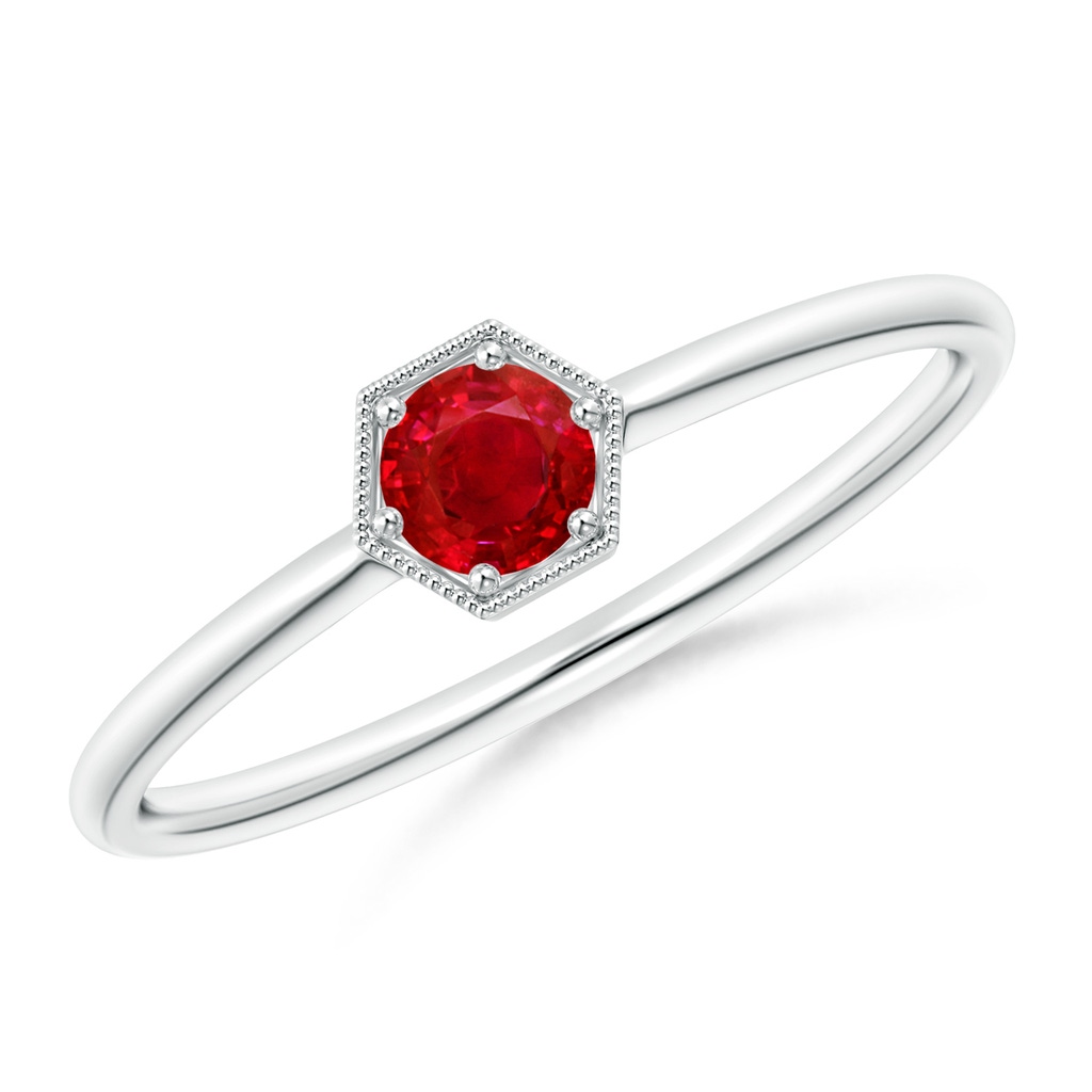 3.8mm AAA Pavé Set Ruby Hexagon Solitaire Ring with Milgrain in S999 Silver