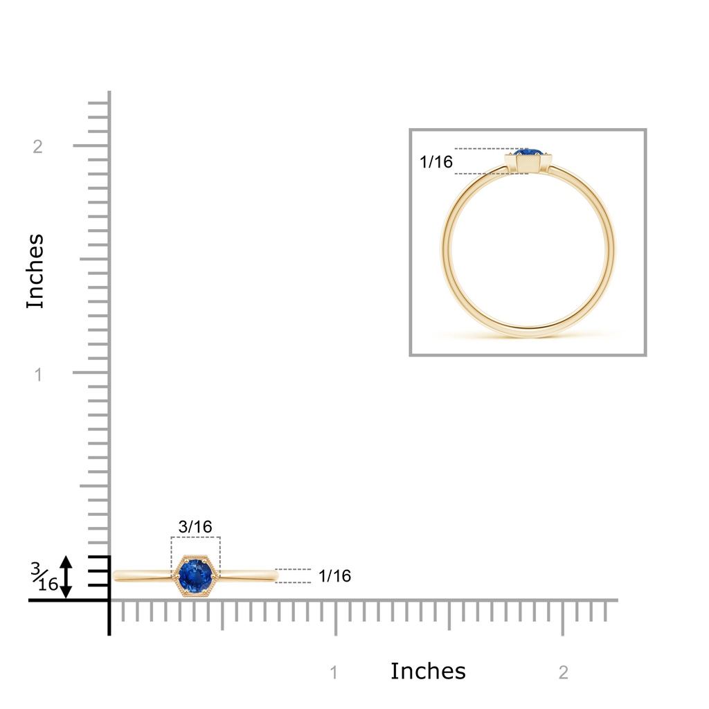 3.8mm AAA Pavé Set Sapphire Hexagon Solitaire Ring with Milgrain in Yellow Gold Ruler