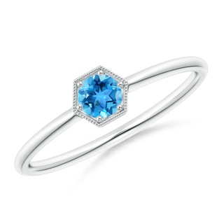 3.8mm AAA Pavé Set Swiss Blue Topaz Hexagon Solitaire Ring with Milgrain in 9K White Gold