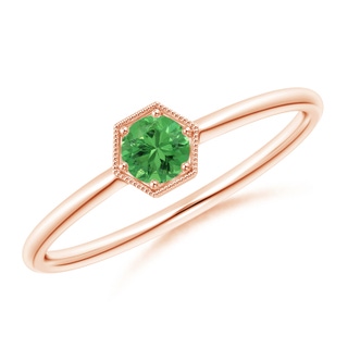 3.8mm AAA Pavé Set Tsavorite Hexagon Solitaire Ring with Milgrain in Rose Gold