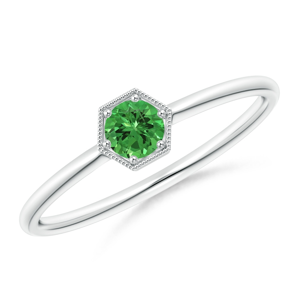 3.8mm AAAA Pavé Set Tsavorite Hexagon Solitaire Ring with Milgrain in 18K White Gold