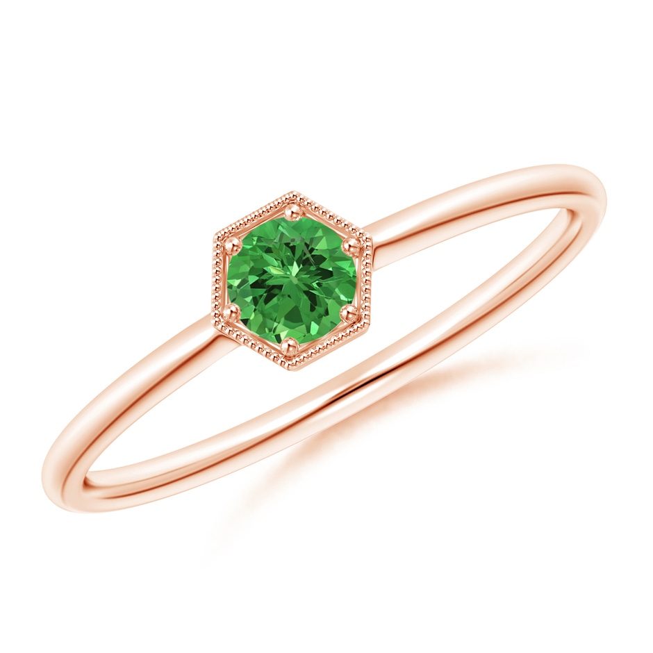 3.8mm AAAA Pavé Set Tsavorite Hexagon Solitaire Ring with Milgrain in Rose Gold 