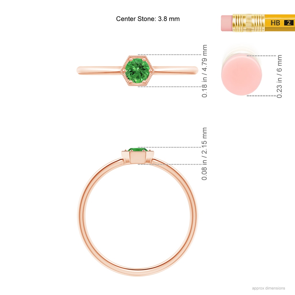 3.8mm AAAA Pavé Set Tsavorite Hexagon Solitaire Ring with Milgrain in Rose Gold Ruler