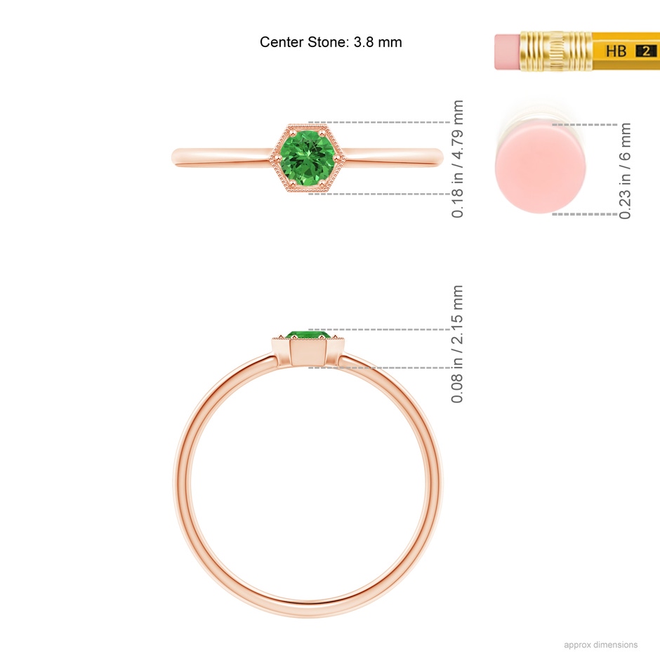 3.8mm AAAA Pavé Set Tsavorite Hexagon Solitaire Ring with Milgrain in Rose Gold ruler