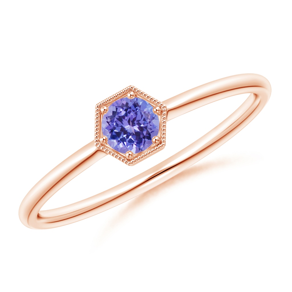3.8mm AAA Pavé Set Tanzanite Hexagon Solitaire Ring with Milgrain in Rose Gold