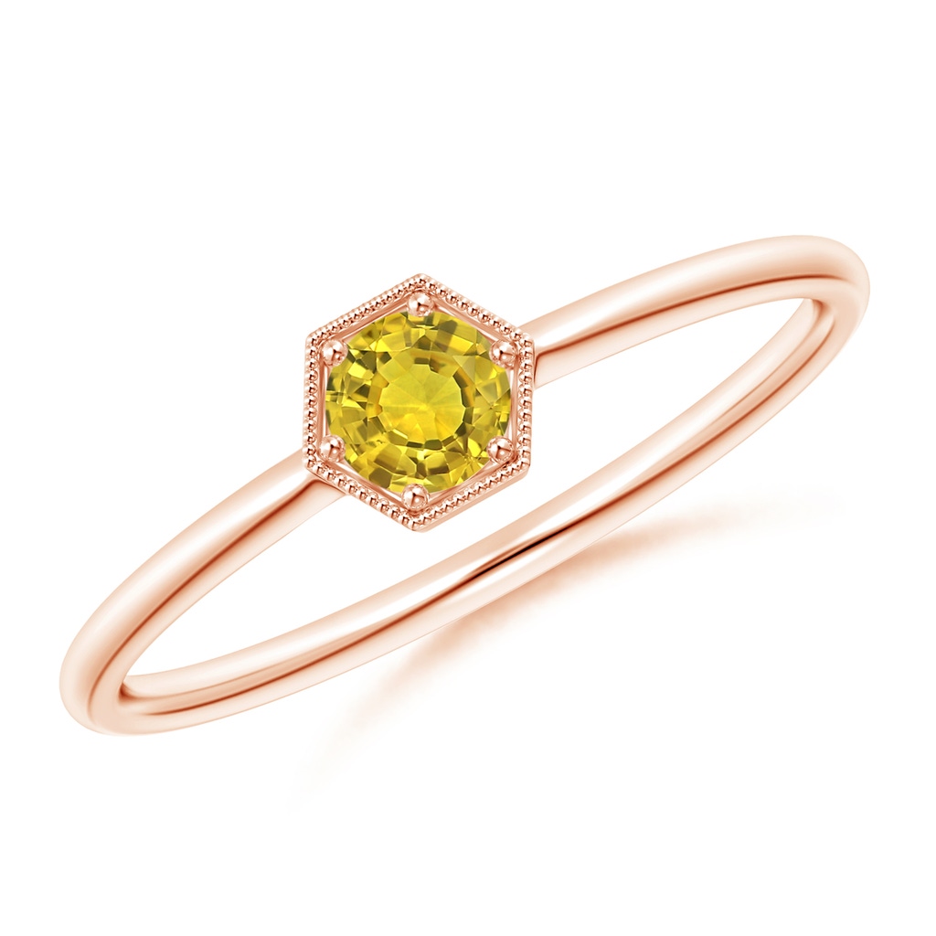 3.8mm AAAA Pave Set Yellow Sapphire Hexagon Solitaire Ring with Milgrain in Rose Gold
