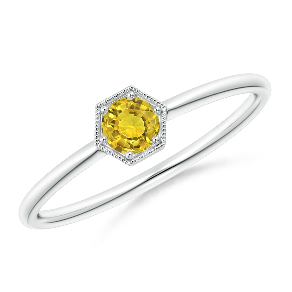 3.8mm AAAA Pave Set Yellow Sapphire Hexagon Solitaire Ring with Milgrain in White Gold 