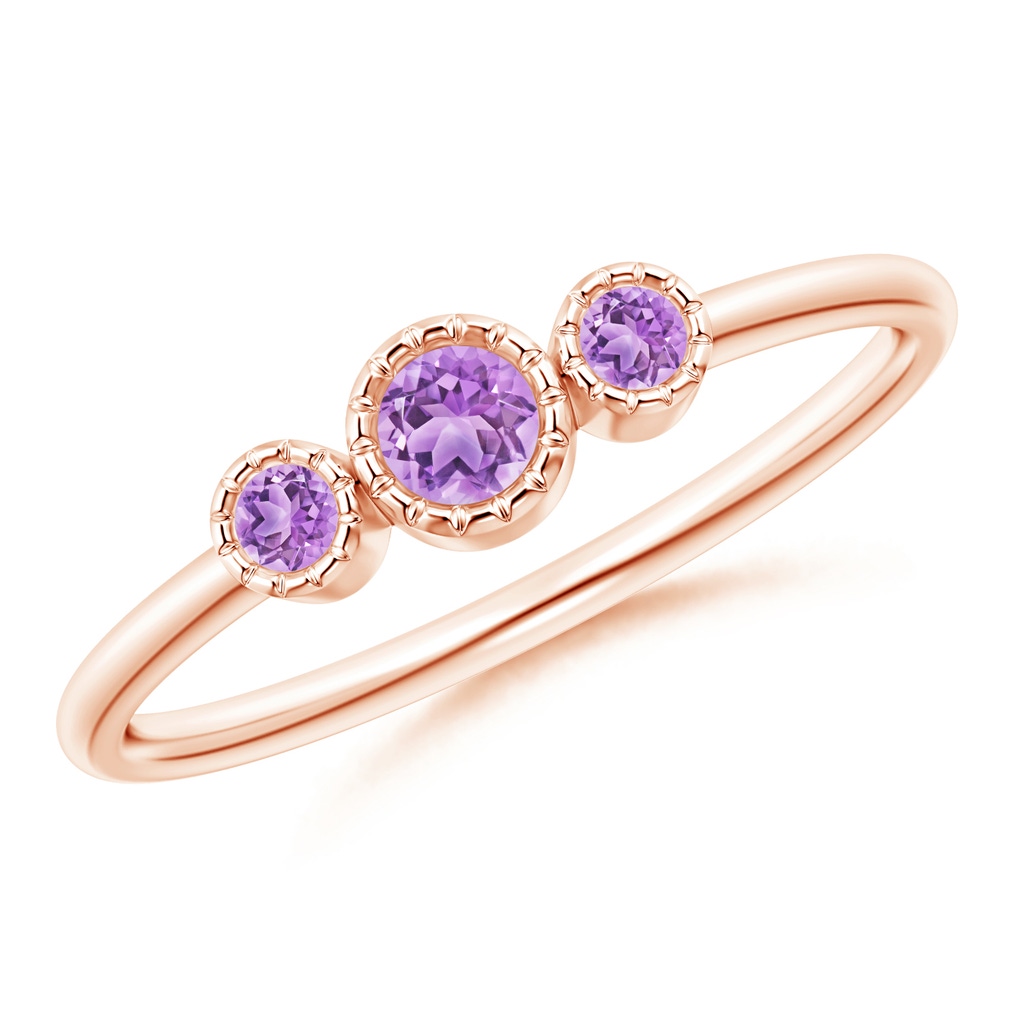 3mm AAA Bezel-Set Round Amethyst Three Stone Ring in Rose Gold 