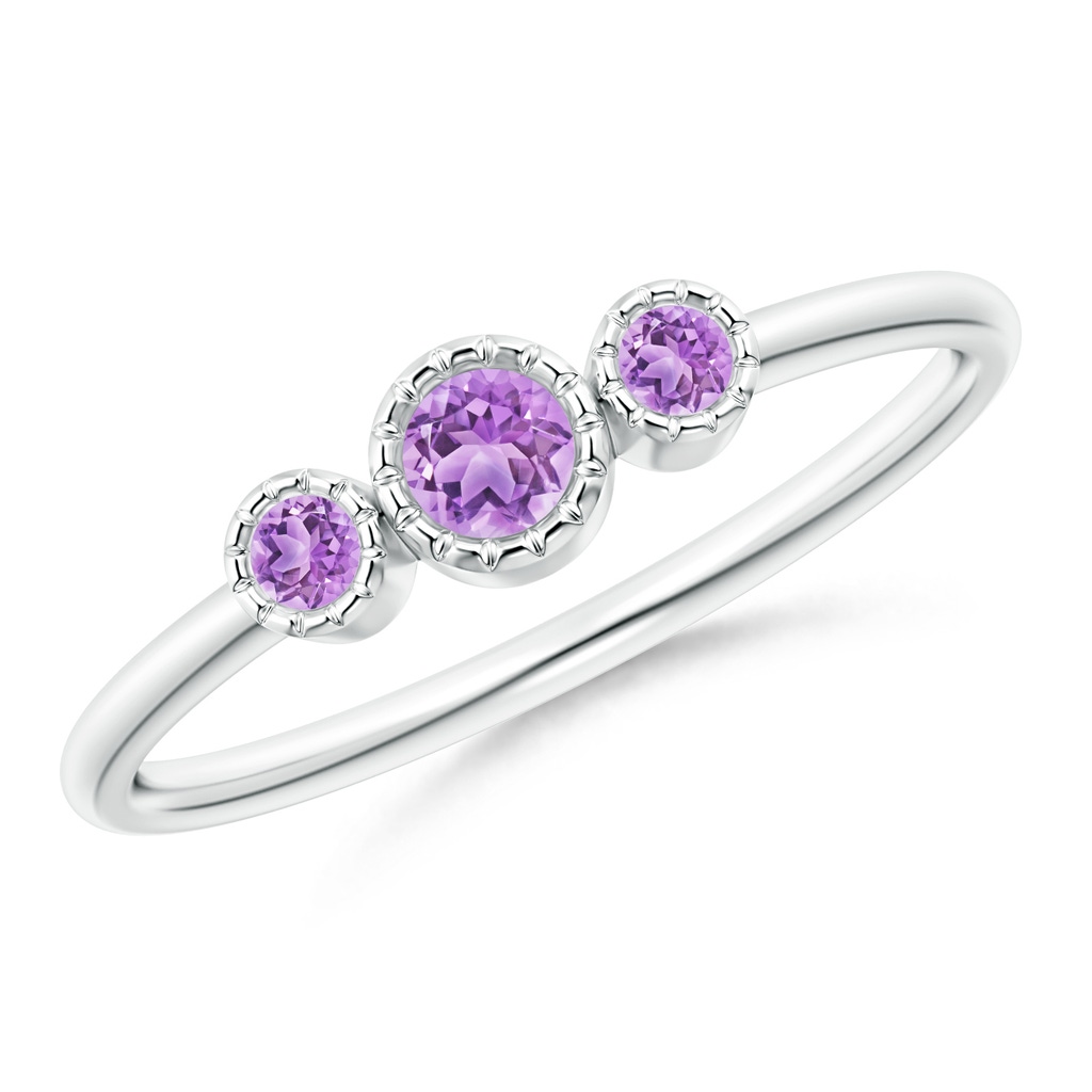3mm AAA Bezel-Set Round Amethyst Three Stone Ring in White Gold