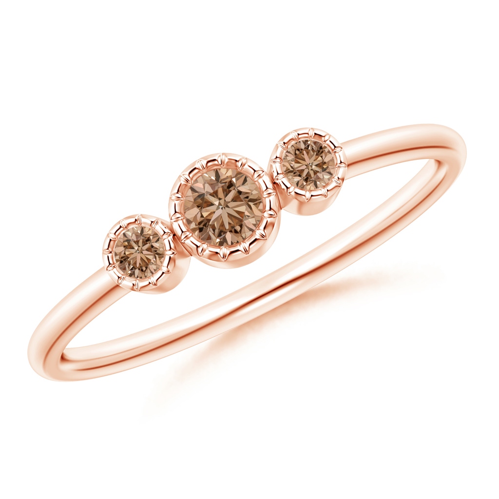 3mm AAA Bezel-Set Round Coffee Diamond Three Stone Ring in Rose Gold