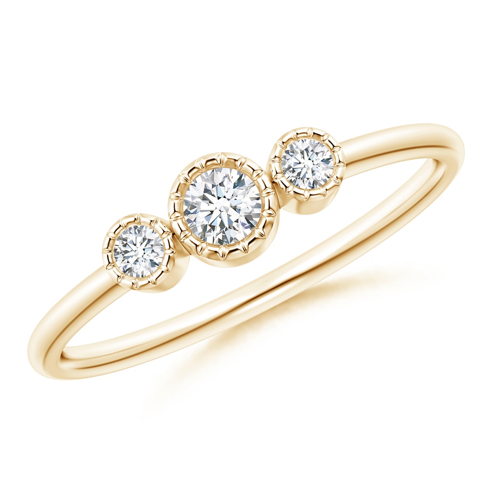 3mm GVS2 Bezel-Set Round Diamond Three Stone Ring in 10K Yellow Gold