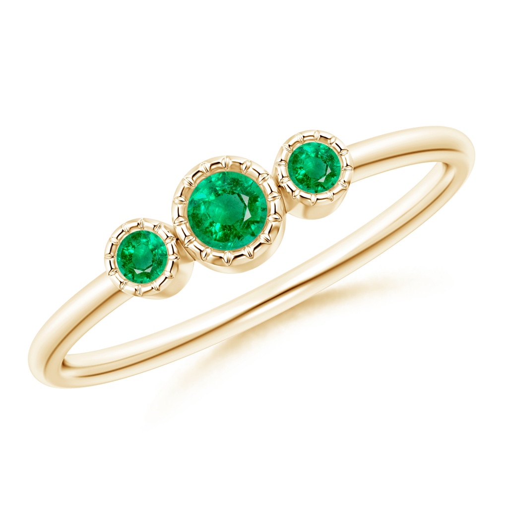3mm AAA Bezel-Set Round Emerald Three Stone Ring in Yellow Gold