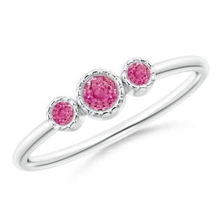3mm AAA Bezel-Set Round Pink Sapphire Three Stone Ring in White Gold