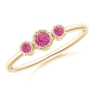 3mm AAA Bezel-Set Round Pink Sapphire Three Stone Ring in Yellow Gold