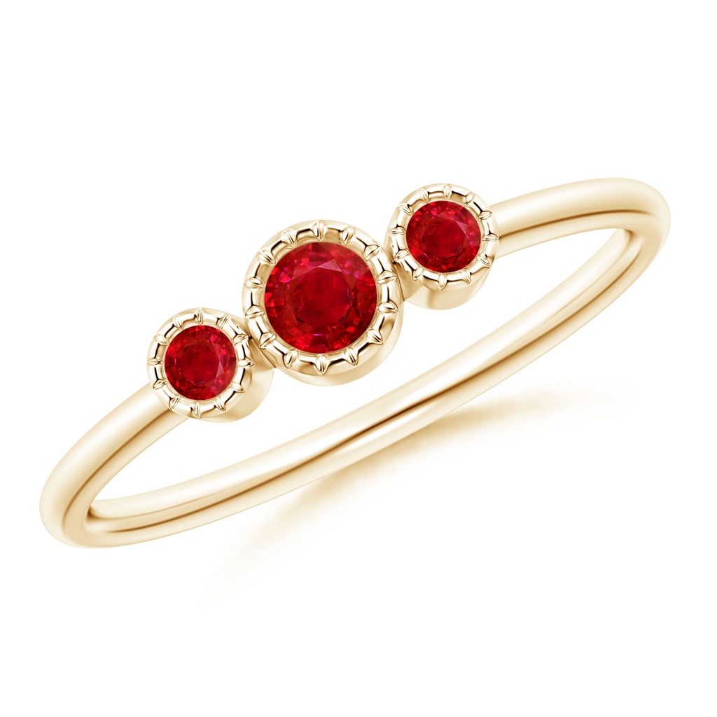 3mm AAA Bezel-Set Round Ruby Three Stone Ring in Yellow Gold