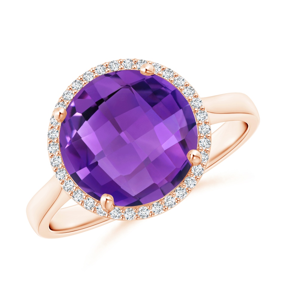 10mm AAA Round Amethyst Cocktail Ring with Diamond Halo in Rose Gold 