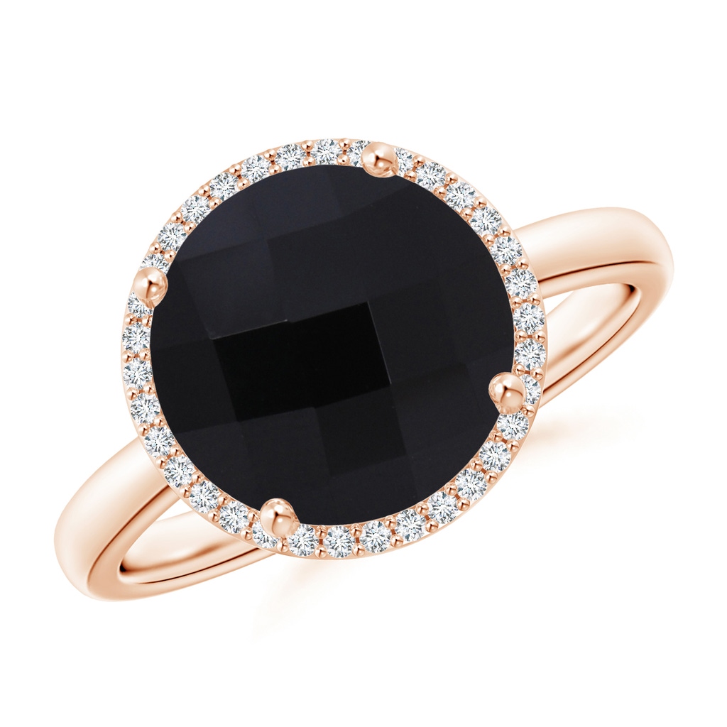 10mm AAA Round Black Onyx Cocktail Ring with Diamond Halo in Rose Gold