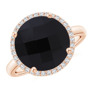 12mm AAA Round Black Onyx Cocktail Ring with Diamond Halo in Rose Gold
